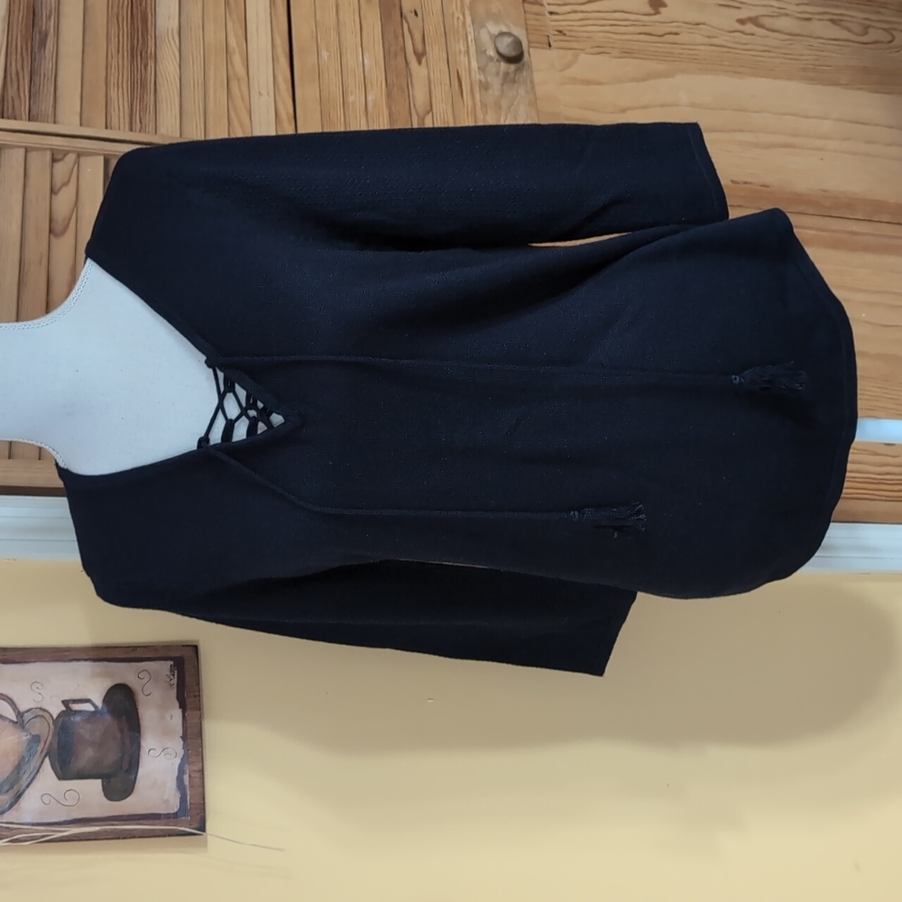 JOAN VASS New York Midnight Blue Sweater Top w/ Tassels M